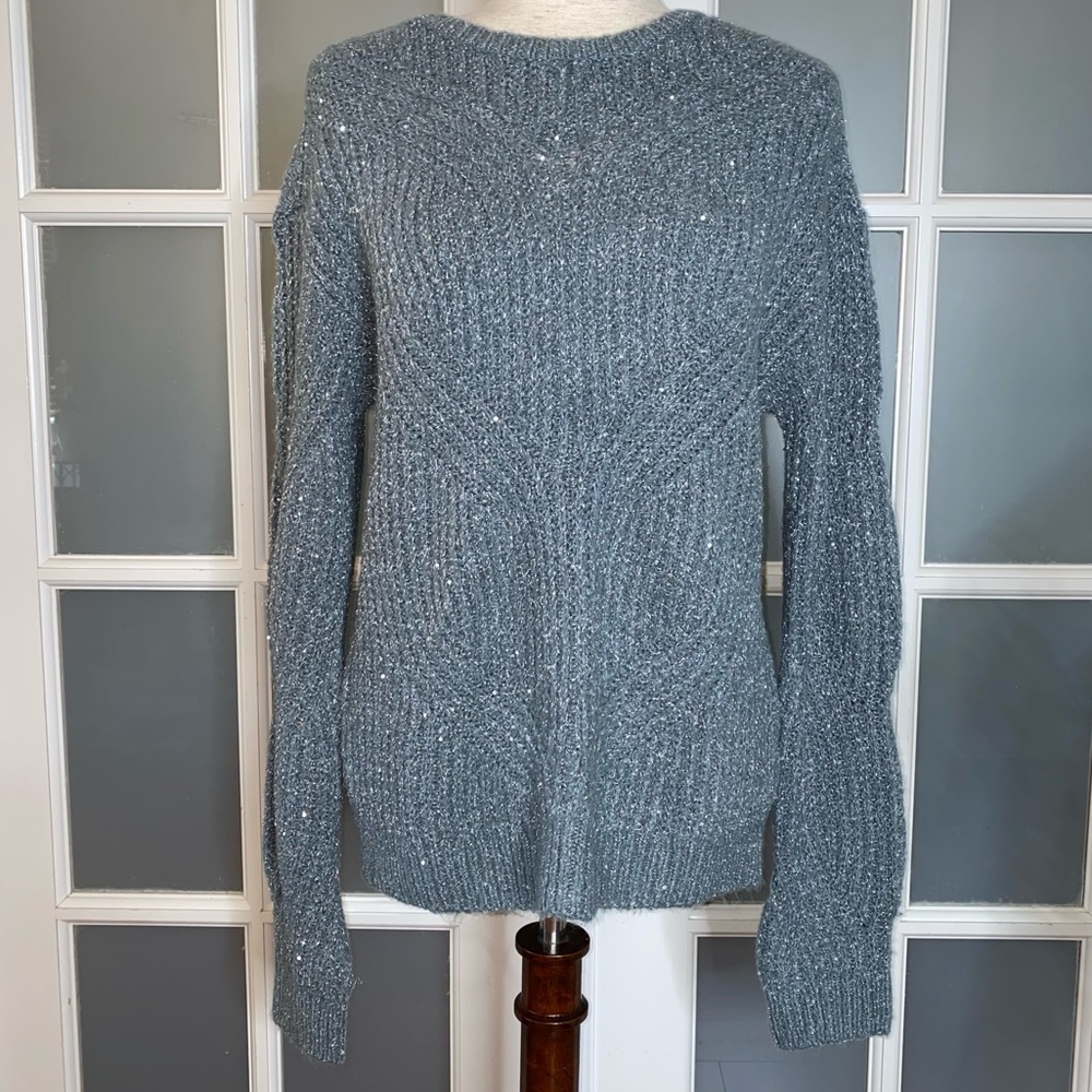 EUC Women's Size Medium, Nine West Green/Gray Sparkling Knit Long Sleeve Sweater